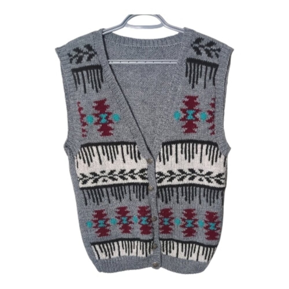 Handknit Sweater Vest Aztec Geometric Print Grey/Burgundy/Teal/White‎ Size M/L